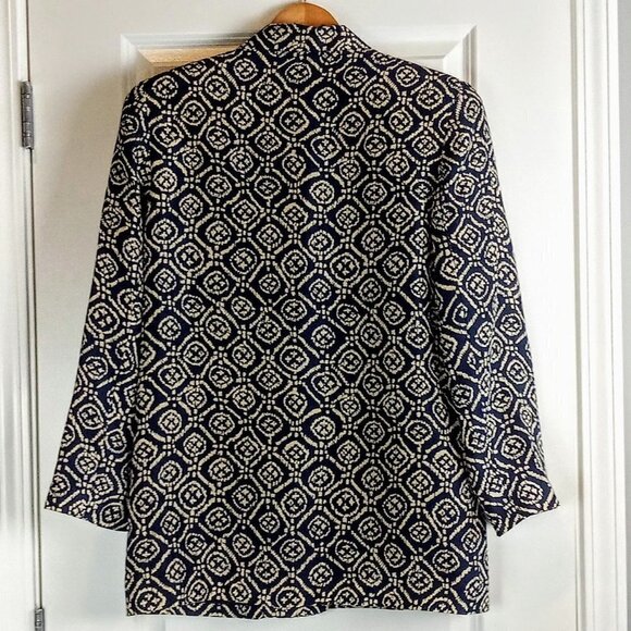 Saks Fifth Avenue Real Clothes Navy Tan Ikat Print 100% Silk Blazer - Picture 3 of 4